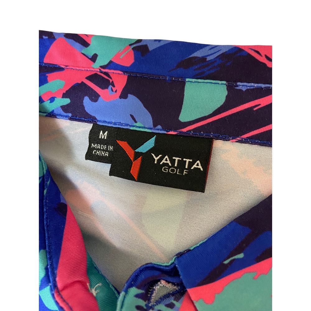 Yatta Golf Polo Mens Medium Abstract Blue Pink Neon Performance Golfing Shirt - Picture 4 of 8